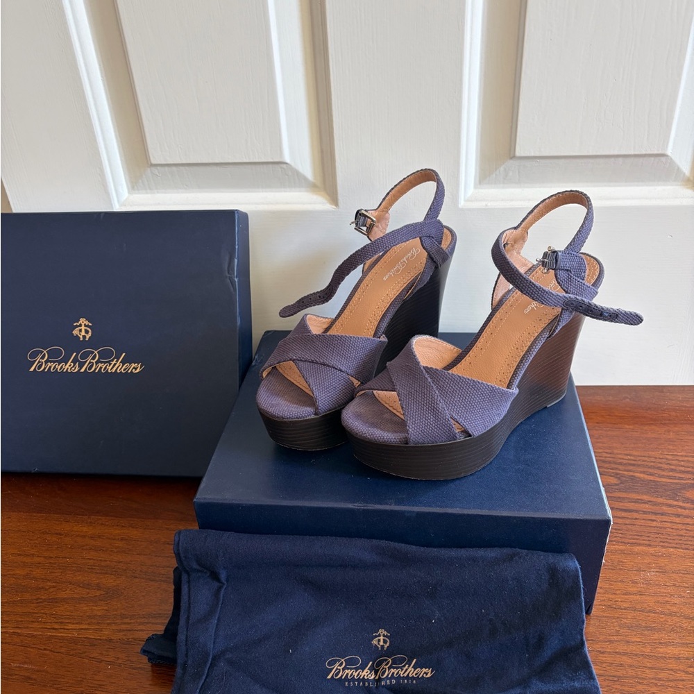 Brooks Brothers Navy Cross-Strap Platform Wedge Sandals